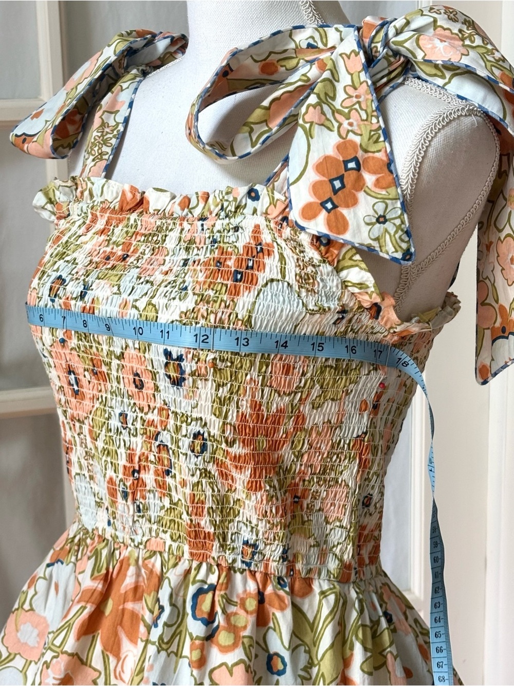 Cleobella Floral Smocked Tie Shoulder Tiered Organic Cotton Mini Dress M - Picture 9 of 11